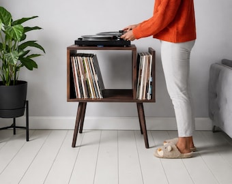 Handmade Beech Wood Record Player Stand – Mid Century Vinyl Storage Cabinet