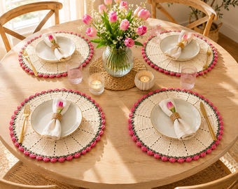 Handmade Crochet Placemats with Tulip Border | Cream Pink Floral Table Decor