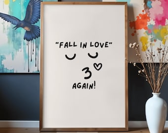 再び恋に落ちる - 落書き風線画タイポグラフィ、楽しい美的ミニマリズム、壁アート、アパレル、アクセサリー用の印刷可能なPNG（デジタルダウンロード）