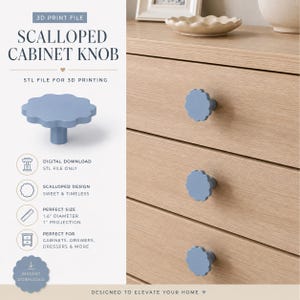 May include: A 3D print file for a scalloped cabinet knob. The digital download includes an STL file for a light blue knob with a 1.6 inch diameter and 1 inch projection. The design features a circular scalloped edge and a central mounting post.