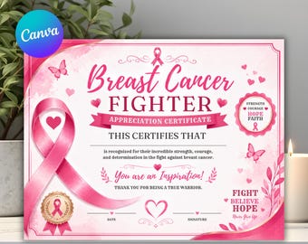 Breast Cancer Fighter Appreciation Certificate Template, Editable Cancer Warrior Award, Printable Celebration Gift, Digital Download
