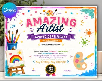 Amazing Artist Award Certificate Template | Editable Art Achievement Certificate | Creative Student Award Certificate | Digital Download