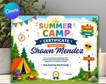 Summer Camp Certificate Template, Editable Canva Camp Award, Kids Camp Diploma, Youth Participation Achievement Certificate,Digital download