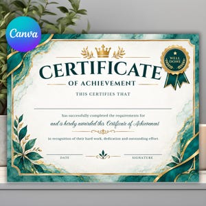 Pode incluir: Um modelo de certificado de conquista com um fundo de mármore branco e verde-azulado escuro com detalhes dourados. O texto diz Certificate of Achievement, This Certifies That e Well Done em um selo circular com fitas no canto.