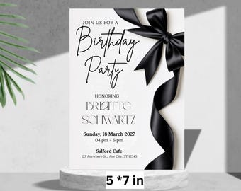 Black Bow Birthday Invitation | Black & White Party Invite | Canva Editable Template | Birthday party Invite | Invitation download