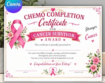 Certificaat voor het voltooien van chemotherapie, onderscheiding voor kankeroverlevenden, erkenning voor overlevenden, bewerkbare Canva-sjabloon, printbare PDF, direct te downloaden
