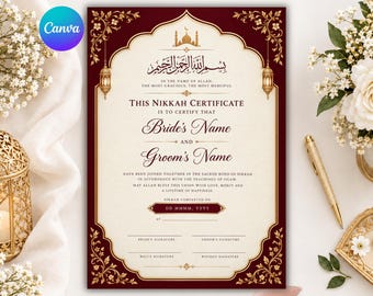 Plantilla editable de certificado Nikah en Canva, certificado de matrimonio islámico, recuerdo de boda musulmana, certificado Nikah personalizado en PDF.