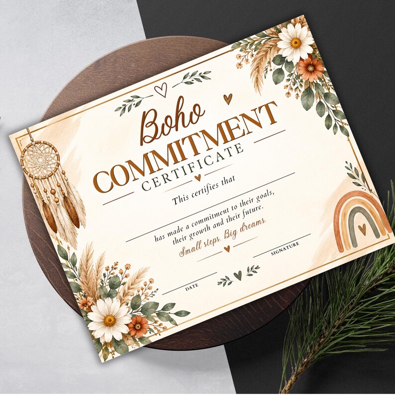 K&ouml;nnte beinhalten: Ein rechteckiges Zertifikat mit dem Titel Boho Commitment Certificate, verziert mit Illustrationen von wei&szlig;en und orangefarbenen G&auml;nsebl&uuml;mchen, Pampasgras, einem Traumf&auml;nger und einem Regenbogen. Es enth&auml;lt Zeilen f&uuml;r Name, Datum und Unterschrift.