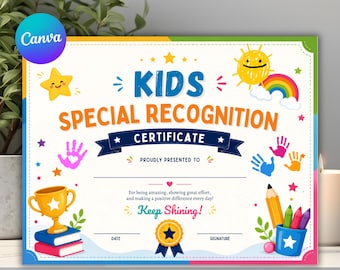 Kids Special Recognition Certificate Template, Editable Student Award Certificate, Printable Achievement Certificate, Instant Download