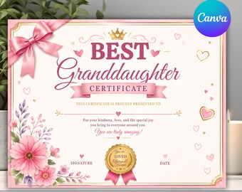 Best Granddaughter Certificate Template, Editable Granddaughter Award, Printable Granddaughter Gift, Family Certificate, Canva Template