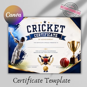 Op de afbeelding: Een cricket-prestatiecertificaat sjabloon met een donkerblauw en goud kleurenschema. Het ontwerp bevat een cricketspeler die een bat zwaait, een gouden trofee, een rode cricketbal en gekruiste bats met een gouden medaille-icoon onderaan.