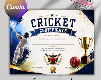 Sjabloon voor een cricketcertificaat, bewerkbare cricketprijs, speler van de wedstrijd, cricketteamprijs, certificaat voor het einde van het seizoen