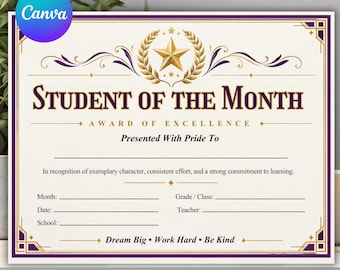 Bewerkbaar sjabloon voor het certificaat 'Leerling van de Maand', Canva Classroom Award, printbaar (8,5x11 inch) (digitale download)