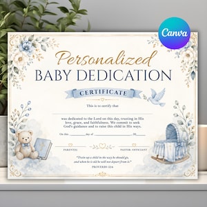 Pode incluir: Um certificado de dedicação de bebé personalizado com detalhes florais azuis e dourados, um urso de peluche com laço azul, um berço azul e uma pomba. O texto inclui "Personalized BABY DEDICATION CERTIFICATE" e "Train up a child in the way he should go, and when he is old he will not depart from it. PROVERBS 22:6."