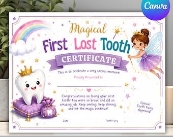 Magisch certificaat voor de eerste uitgevallen tand, printbaar certificaat van de tandenfee, aandenken aan de eerste tand, cadeautje van de tandenfee voor kinderen, direct te downloaden