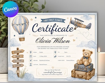 Sjabloon voor het eerste vliegticket van een baby, bewerkbaar Canva-aandenken in de vorm van een vliegtuig, printbare reisprestatieprijs, digitale download