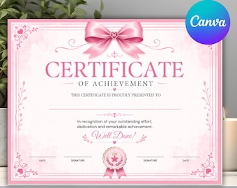 Coquette Bow Printable Gift Certificate, Editable Bow Gift Voucher, Pink Feminine Certificate, Printable Birthday Gift Card, Canva Template