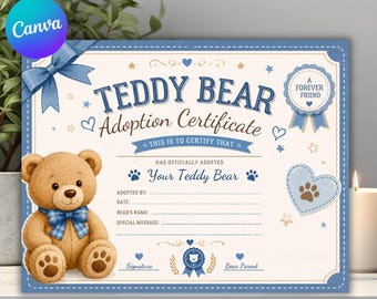 Vorlage für eine Teddybär-Urkunde, bearbeitbare und druckbare Auszeichnungsurkunde, niedliche Bären-Erfolgsurkunde, 300 dpi, digitaler Download