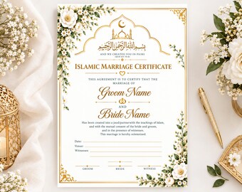 Plantilla de certificado de matrimonio islámico Nikkah de lujo, certificado de matrimonio islámico floral en oro, blanco y verde, recuerdo de boda musulmán editable, descarga digital.