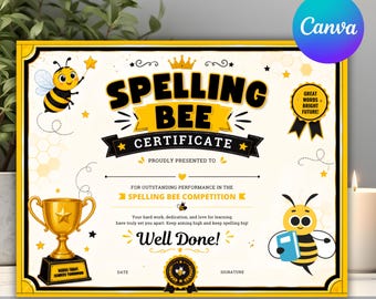 Spelling Bee Certificate Template | Editable Spelling Award Certificate | School Achievement Printable Certificate | Digital Download