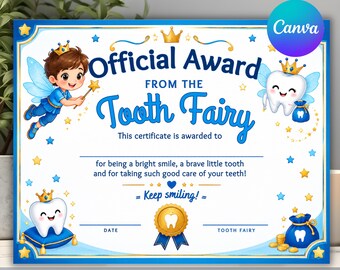 Tandenfee-certificaat voor jongens, blauw printbaar briefje van de tandenfee, beloning voor de eerste uitgevallen tand, cadeautje van de tandenfee (digitale download)