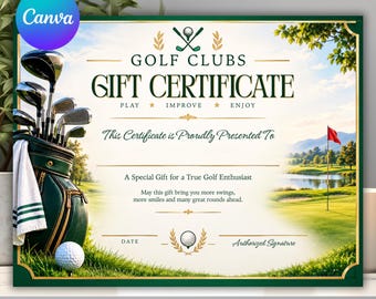 Cadeaubon voor golfclubs, sjabloon voor golfcadeaubon, golfvoucher, bewerkbare golfcadeaubon, certificaat voor een golfervaring