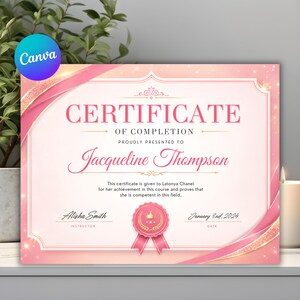 Modello di certificato di completamento rosa, certificato di conseguimento stampabile e modificabile, elegante diploma di riconoscimento, download digitale a 300 DPI.