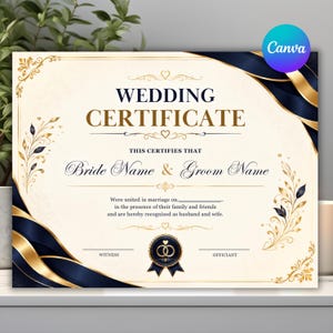 Op de afbeelding: Een trouwcertificaat-sjabloon met een crèmekleurige achtergrond en marineblauwe en gouden vloeiende linten in de hoeken. De tekst luidt WEDDING CERTIFICATE, THIS CERTIFIES THAT, Bride Name & Groom Name, met lijnen voor getuigen en de ambtenaar.