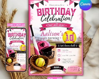 Softball Birthday Invitation Template, Editable Girls Softball Party Invite, Sports Birthday Invitation, Canva Printable PDF Download