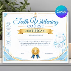Puede incluir: Un certificado blanco para un curso de blanqueamiento dental con detalles en dorado y azul. Incluye un icono de diente, un sello de cinta dorada y texto que confirma la finalización del curso. Remolinos azules y dorados decoran el borde.
