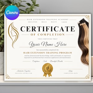 May include: A white certificate of completion for a hair extension training academy with gold borders and text. It features a gold profile illustration, a gold seal, and a graphic of brown and blonde hair extensions on the right side.