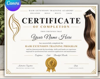 Certificaat voor haarextensies, certificaat voor haartraining, diploma voor schoonheidscursus, bewerkbare Canva-sjabloon, digitale download