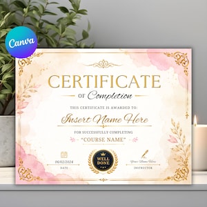 Puede incluir: Una plantilla de certificado de finalización con bordes dorados ornamentados, acentos de acuarela en rosa y melocotón, y texto dorado. Incluye espacios para un nombre, nombre del curso, fecha y firma del instructor, con un sello central.