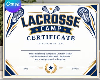 Plantilla de certificado para campamento de lacrosse, premio deportivo editable, regalo para jugadoras de lacrosse de último año, premios divertidos de lacrosse, PDF imprimible