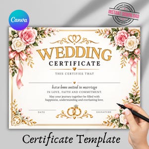 Wedding Certificate Template, Editable Marriage Certificate, Printable Wedding Keepsake, Elegant Wedding Certificate, Digital Download