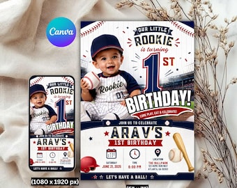 Rookie of the Year Invitation Template | Our Little Rookie Birthday Invitation | Editable Boy Rookie Year Theme | Digital Download