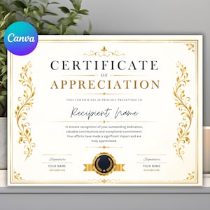 Może przedstawiać: Szablon certyfikatu uznania z kremowym tłem i złotymi, ozdobnymi kwiatowymi obramowaniami. Tekst brzmi Certificate of Appreciation, This certificate is proudly presented to, Recipient Name, i zawiera linie na podpisy.
