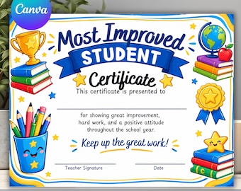 Sjabloon voor certificaat 'Meest verbeterde leerling', bewerkbare leerlingonderscheiding, printbaar voor in de klas en thuis (digitale download)