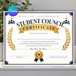 Puede incluir: Un certificado de consejo estudiantil blanco con texto azul oscuro y detalles dorados. Incluye el texto LEAD, SERVE, MAKE A DIFFERENCE, STUDENT COUNCIL CERTIFICATE, THIS CERTIFIES THAT, Your Voice. Our Future., PRINCIPAL y STUDENT COUNCIL ADVISOR.