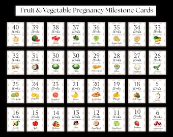 Sjabloon voor kaarten voor fruit- en groentezwangerschap | Wekelijkse fotokaarten voor babygroei | Genderneutrale babyherinnering | Digitale download