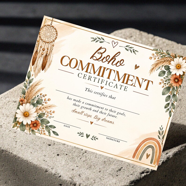 K&ouml;nnte beinhalten: Ein rechteckiges Zertifikat mit dem Titel Boho COMMITMENT CERTIFICATE und dem Text This certifies that has made a commitment to their goals, their growth and their future. Small steps. Big dreams. Es zeigt einen Traumf&auml;nger, Blumen und einen Regenbogen.