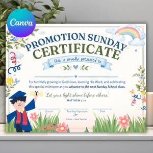 Op de afbeelding: Een Promotion Sunday certificaat met een aquarelillustratie van een kind in afstudeerkleding, een regenboog, wolken en bloemen. De tekst luidt Promotion Sunday Certificate, This is proudly presented to en Matthew 5:16.