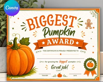Biggest Pumpkin Award Certificate Template, Editable Fall Pumpkin Award, Harvest Contest Certificate, Printable Autumn , Digital Download