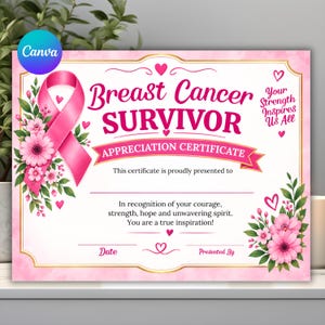 Può includere: Un certificato di apprezzamento per sopravvissuti al cancro al seno con un nastro rosa, accenti floreali e bordi dorati. Il testo recita: Breast Cancer SURVIVOR, APPRECIATION CERTIFICATE, Your Strength Inspires Us All, This certificate is proudly presented to.