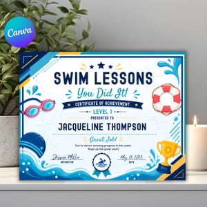 May include: A rectangular swim lessons certificate of achievement featuring blue and white water-themed graphics, pink swimming goggles, a red and white lifebuoy, and a gold trophy. The text reads Swim Lessons, You Did It!, Level 1, Jacqueline Thompson, Great Job!, Jessica Miller, and May 18, 2025.