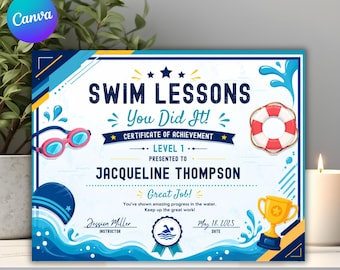 Editable Swim Lesson Certificate Template, Kids Swimming Award Diploma, Pool Party Certificate, Aqua Sports Certificate, Instant Download