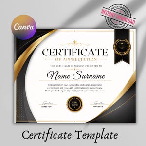 Puede incluir: Una plantilla de certificado de agradecimiento con fondo blanco y bordes curvos en negro y dorado. El texto dice Certificate of Appreciation, Name Surname, e incluye espacios para firmas, un sello dorado y un emblema de cinta negra.