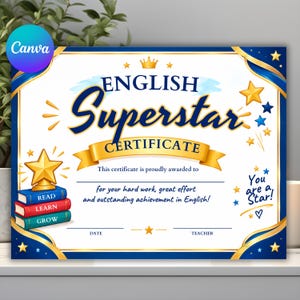May include: An English Superstar certificate featuring a white background with blue and gold borders. It displays a stack of three books labelled Read, Learn, Grow topped with a gold star, and text reading English Superstar Certificate.