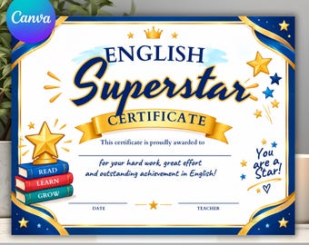 Certificaat voor Engelse Superster, Prijs voor Engelse Prestatie, Certificaat van Studentenerkenning, Bewerkbare Canva-sjabloon (Digitale Download)