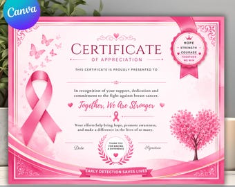 Certificaatsjabloon voor borstkanker | Roze lintje als onderscheiding voor overlevenden | Bewerkbaar bedankje (printbaar) | Cadeau voor helden (digitale download)